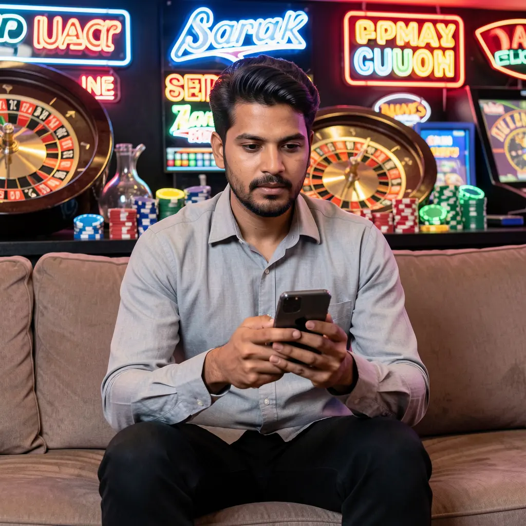 Confident Bangladeshi player enjoying the 83OK casino app on his phone while surrounded by glowing roulette wheels and poker chips
