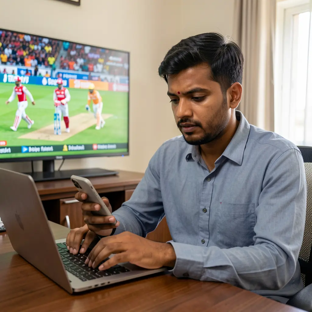 Focused Bangladeshi sports bettor placing online bets on a laptop and smartphone while following live cricket action using the 83OK platform