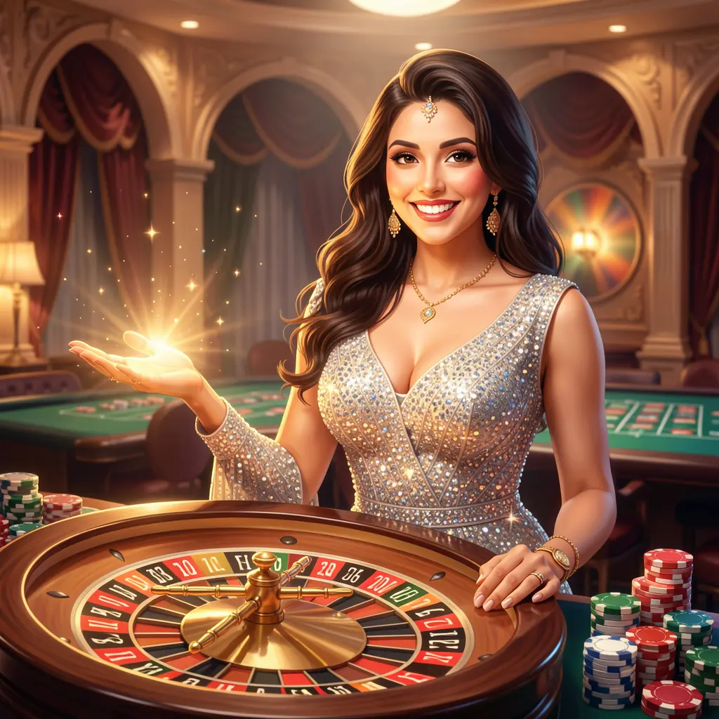 Confident Bangladeshi live casino dealer surrounded by glowing chips and a roulette wheel inviting players to log in at 83OK